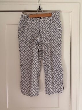 Womens PrAna Crop Lightweight Floral Geo Travel Hiking Pant Tan Blue White